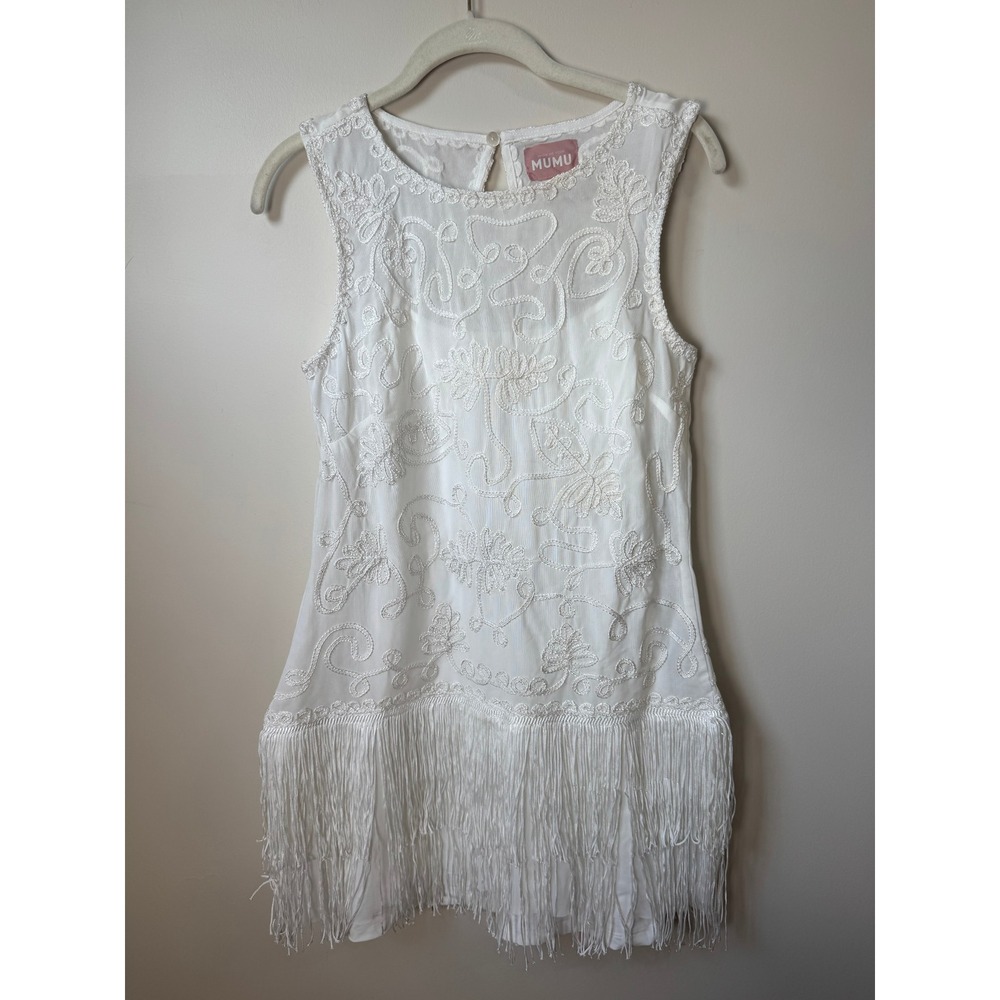 Show Me Your Mumu White Embroidered Fringe Mini Dress Sleeveless Flapper Bridal - Picture 2 of 5